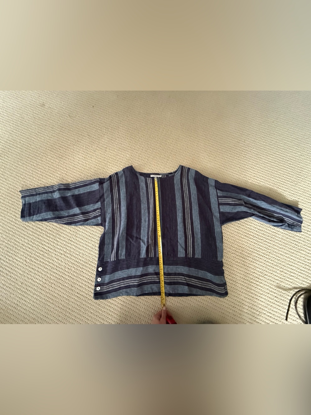 Bryn Walker Blue-Gray Striped Linen Top, 3/4 sleeves with Button detailing